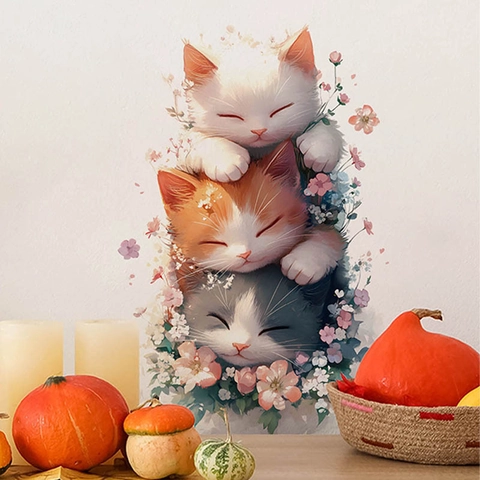 Cartoon Drei Katzen Gestapelt Wandtattoo PVC Wasserdicht Abnehmbar Blumen Aufkleber Für Kinderzimmer Schlafzimmer Wohnzimmer Deko