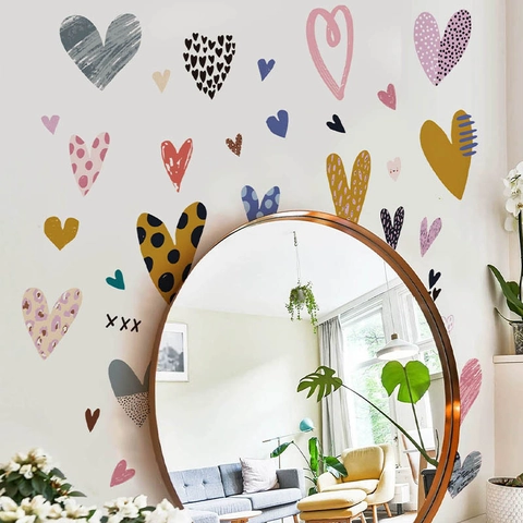 Pegatinas de Pared de Corazón de Amor Multicolor Estampadas Calcomanías de PVC Removibles para Dormitorio Sala de Estar Decoración