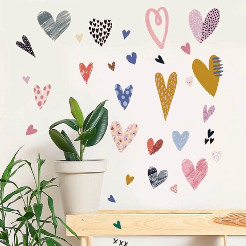 Pegatinas de Pared de Corazón de Amor Multicolor Estampadas Calcomanías de PVC Removibles para Dormitorio Sala de Estar Decoración