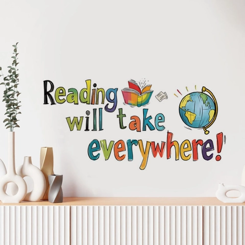 Adesivo Murale Citazione Motivazionale Reading Decorazione Educativa con Globo e Libro in PVC per Cameretta e Studio