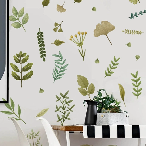 Aquarell Grüne Pflanzenblätter Wandtattoo Wasserdicht PVC Wandaufkleber Für Wohnzimmer Schlafzimmer Schrank Home Art Dekor Wandbild