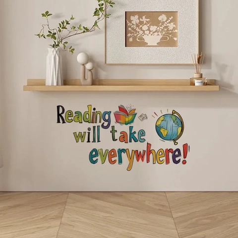 Adesivo Murale Citazione Motivazionale Reading Decorazione Educativa con Globo e Libro in PVC per Cameretta e Studio