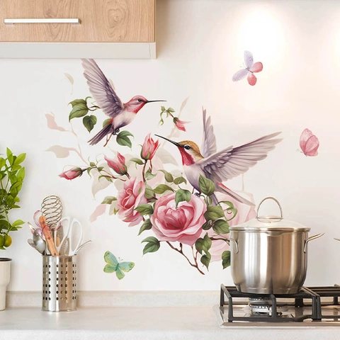 Elegante Adesivo da Parete con Colibrì e Rosa Acquerello PVC Autoadesivo Rimovibile Impermeabile Murale per Camera da Letto Soggiorno