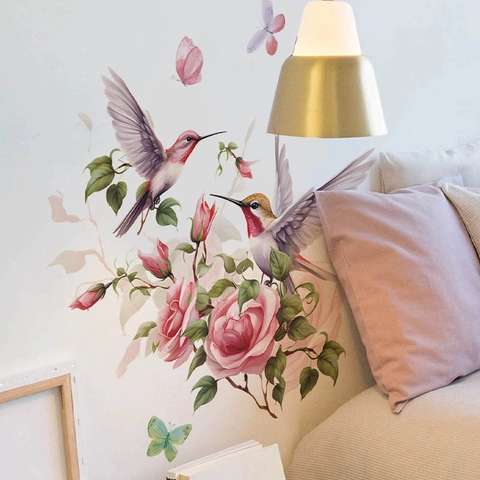 Elegante Adesivo da Parete con Colibrì e Rosa Acquerello PVC Autoadesivo Rimovibile Impermeabile Murale per Camera da Letto Soggiorno