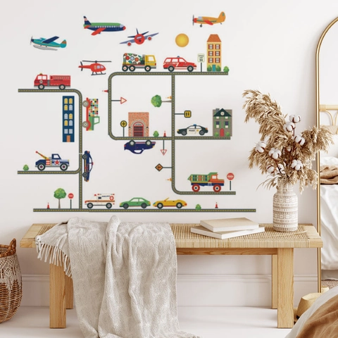 Cartoon Transport Stadsspoor Muurstickers Voor Kinderkamer Kinderdagverblijf Slaapkamer PVC Verwijderbaar Waterdicht DIY Voertuig Wegenkaart Muurschildering Decor