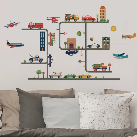 Cartoon Transport Stadsspoor Muurstickers Voor Kinderkamer Kinderdagverblijf Slaapkamer PVC Verwijderbaar Waterdicht DIY Voertuig Wegenkaart Muurschildering Decor