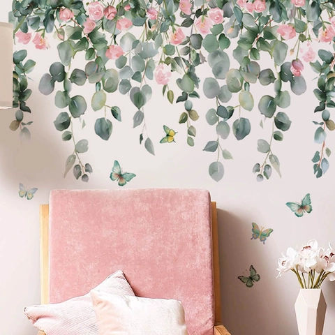 Pastorale Eukalyptusblätter Und Rosa Rosen Blumen Schmetterling PVC Wandtattoo Selbstklebend Abnehmbar Wasserdicht Wandaufkleber