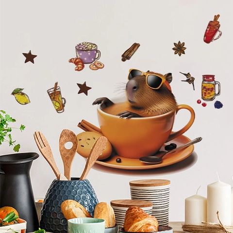 Cartoon Capybara Coffee Cup Wall Sticker Waterproof PVC Self Adhesive Removable Decal For Kitchen Bedroom Living Room Home Decor