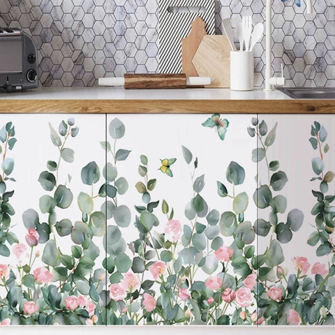 Pastorale Eukalyptusblätter Und Rosa Rosen Blumen Schmetterling PVC Wandtattoo Selbstklebend Abnehmbar Wasserdicht Wandaufkleber