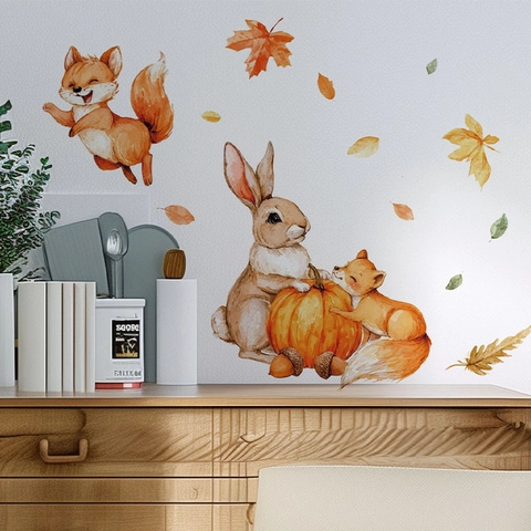 Watercolor Autumn Wall Sticker Fox Rabbit Pumpkin Maple Leaf PVC Self Adhesive Removable Decal For Living Room Bedroom Decor