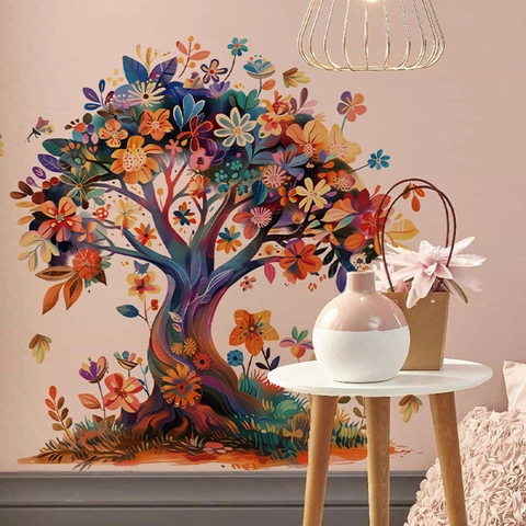 Artistic Colorful Floral Tree Wall Sticker For Girls Bedroom Kids Room Decor Removable PVC Self Adhesive Wall Decal Mural