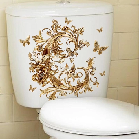 Goldener Schmetterling Blume Barock Wandtattoo PVC Wasserdicht Abnehmbar Toilettenaufkleber Vintage Luxus Heimtextilien Wandbild