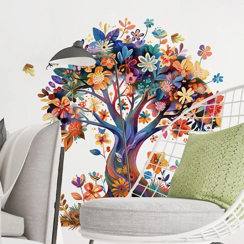 Artistic Colorful Floral Tree Wall Sticker For Girls Bedroom Kids Room Decor Removable PVC Self Adhesive Wall Decal Mural