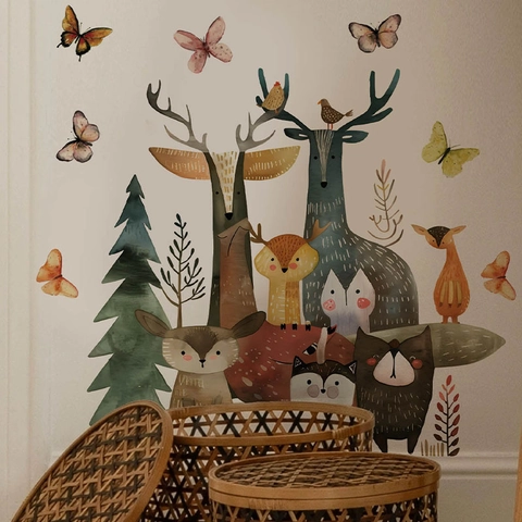 Aquarell Waldtiere Wandaufkleber PVC Abnehmbare Hirsch Fuchs Eule Baum Decals Für Kinderzimmer Kindergarten Deko