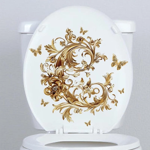 Goldener Schmetterling Blume Barock Wandtattoo PVC Wasserdicht Abnehmbar Toilettenaufkleber Vintage Luxus Heimtextilien Wandbild