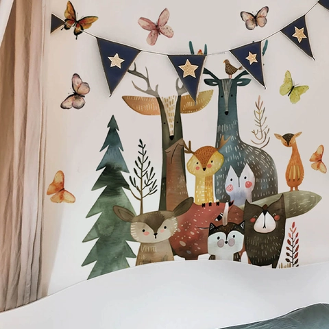 Aquarell Waldtiere Wandaufkleber PVC Abnehmbare Hirsch Fuchs Eule Baum Decals Für Kinderzimmer Kindergarten Deko