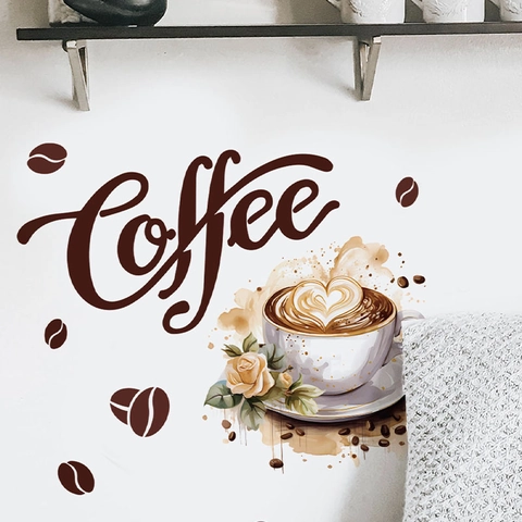 Coffee Time Wall Stickers PVC Waterproof Artistic Lettering Coffee Cup Pattern Removable Decals For Kitchen Cafe Decor