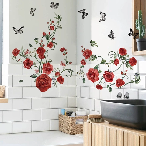 Red Rose Flower Vine Butterfly Wall Sticker Waterproof PVC Self Adhesive Corner Decal For Bathroom Living Room Home Decor