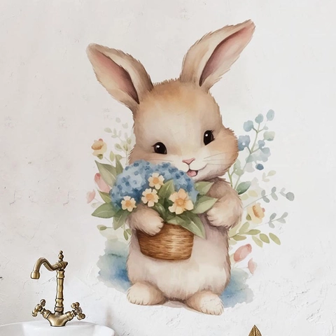 Aquarell Hase Mit Blumenkorb Wandtattoo Wasserdicht PVC Abnehmbar Selbstklebend Cartoon Tier Aufkleber Für Kinderzimmer Deko