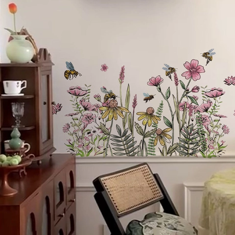 Adesivo da Parete Ape Fiori Selvatici PVC Autoadesivo Impermeabile Antiolio Murale per Cucina Camera da Letto Casa