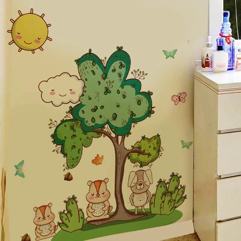 Cartoon Tree Animal Sun Squirrel Wall Stickers For Kids Room Bedroom Nursery Kindergarten Removable PVC Self-Adhesive Wall Decals