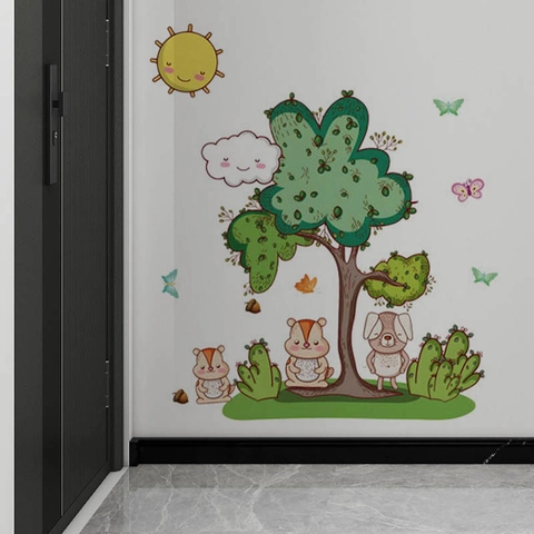Cartoon Tree Animal Sun Squirrel Wall Stickers For Kids Room Bedroom Nursery Kindergarten Removable PVC Self-Adhesive Wall Decals