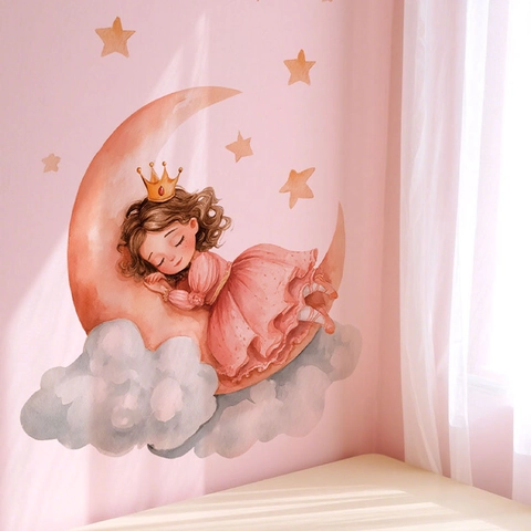 Watercolor Sleeping Princess Moon Wall Stickers Cartoon Stars Clouds DIY PVC Self Adhesive Removable Decals Nursery Room Decor