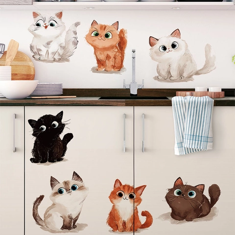 Cute Cartoon Cat Wall Stickers PVC Waterproof Self Adhesive Art Decals For Bedroom Living Room Kitchen Home Decoration