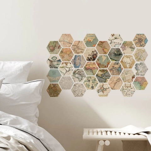 Vintage Map Hexagon Wall Stickers PVC Self Adhesive Removable Hexagonal Puzzle Wall Decals For Living Room Bedroom Decor