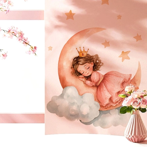 Watercolor Sleeping Princess Moon Wall Stickers Cartoon Stars Clouds DIY PVC Self Adhesive Removable Decals Nursery Room Decor