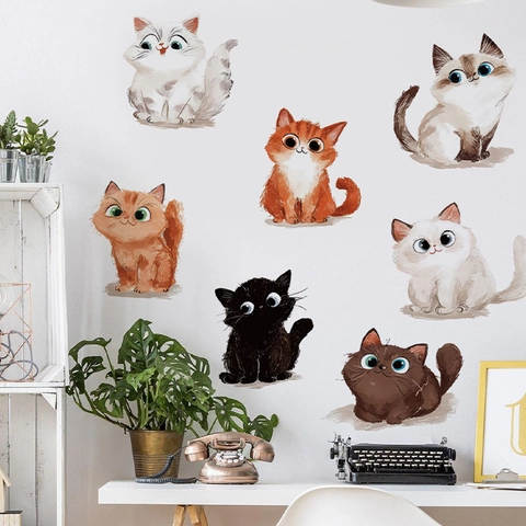 Cute Cartoon Cat Wall Stickers PVC Waterproof Self Adhesive Art Decals For Bedroom Living Room Kitchen Home Decoration