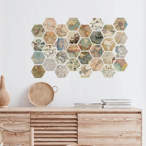 Vintage Map Hexagon Wall Stickers PVC Self Adhesive Removable Hexagonal Puzzle Wall Decals For Living Room Bedroom Decor