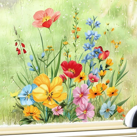 Bunte Blumenstrauß Wandaufkleber Wasserdicht PVC Abnehmbare Florale Dekore Für Schlafzimmer Wohnzimmer Badezimmer Haus Deko