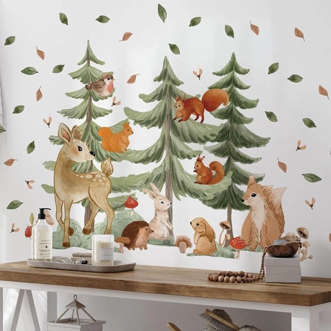 Forest Animal Pine Tree Wall Sticker Watercolor Deer Fox Rabbit Squirrel PVC Waterproof Removable Self-Adhesive Decor