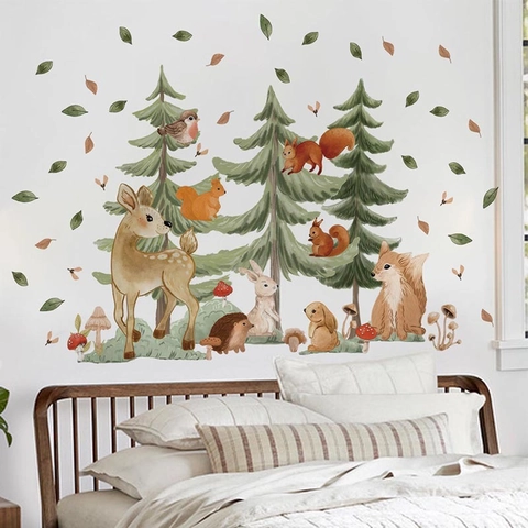 Forest Animal Pine Tree Wall Sticker Watercolor Deer Fox Rabbit Squirrel PVC Waterproof Removable Self-Adhesive Decor