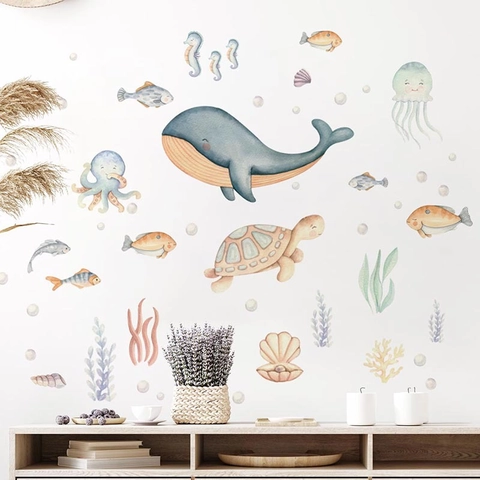 Pegatina de Pared de Animales Marinos Acuarela Ballena Tortuga Pulpo Coral Vida Marina Mural de PVC Removible para Cuarto de Niños