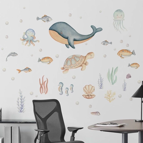 Pegatina de Pared de Animales Marinos Acuarela Ballena Tortuga Pulpo Coral Vida Marina Mural de PVC Removible para Cuarto de Niños