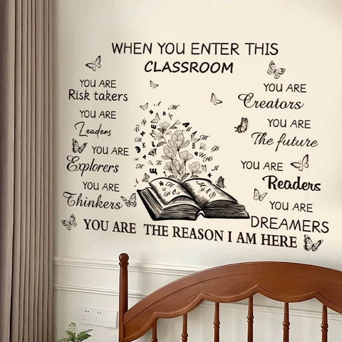 Adesivo da Parete Motivazionale per Aula Scolastica Citazioni Inglesi Libro Farfalla PVC Adesivo Removibile per Studio