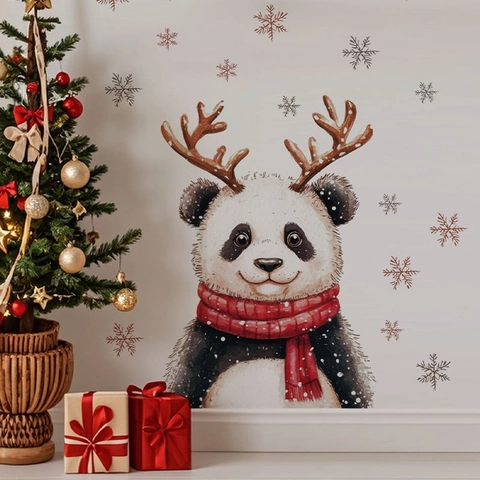 Weihnachten Rentier Panda Wandtattoo Abnehmbare PVC Cartoon Tier Aufkleber Mit Rotem Schal Und Schneeflocken Für Home Deko