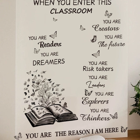 Adesivo da Parete Motivazionale per Aula Scolastica Citazioni Inglesi Libro Farfalla PVC Adesivo Removibile per Studio