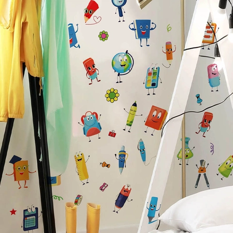 Autocollant Mural en PVC avec Fournitures Scolaires Personnifiées Mignonnes Amovible Auto-Adhésif Imperméable Décor de Chambre d'Enfants Classe