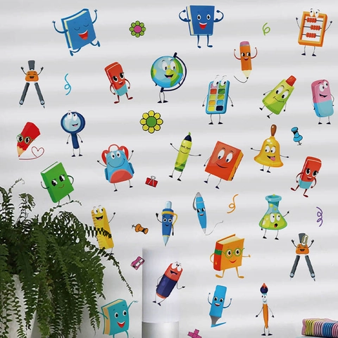 Autocollant Mural en PVC avec Fournitures Scolaires Personnifiées Mignonnes Amovible Auto-Adhésif Imperméable Décor de Chambre d'Enfants Classe