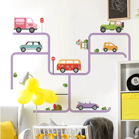Adesivo da Parete Con Auto e Strada per Cameretta Bambini PVC Tema Trasporti Decorazione per Vivaio Adesivo Removibile