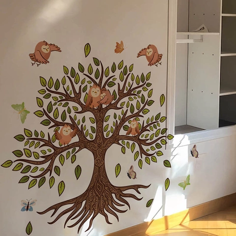 Adesivo Murale a Forma di Albero con Gufi Cartone Animato in PVC Autoadesivo Farfalla Foglie Verdi per Camera dei Bambini