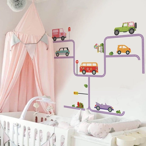 Adesivo da Parete Con Auto e Strada per Cameretta Bambini PVC Tema Trasporti Decorazione per Vivaio Adesivo Removibile