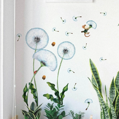 Blauwe Paardenbloem Muursticker Cartoon Muis Bij Lieveheersbeestje Verwijderbaar Waterdicht PVC Muurstickers Woonkamer Slaapkamer