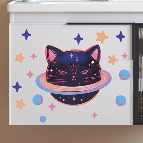 Adesivo da Parete Gatto Pianeta e Stelle in PVC Removibile Cartone Animato Galassia DIY Decalcomania Arte per Camera Letto Soggiorno