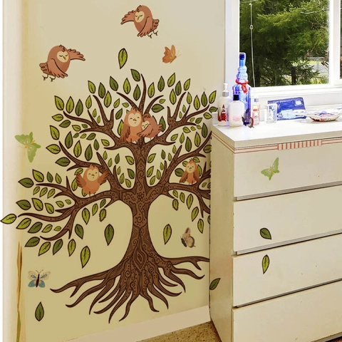 Adesivo Murale a Forma di Albero con Gufi Cartone Animato in PVC Autoadesivo Farfalla Foglie Verdi per Camera dei Bambini