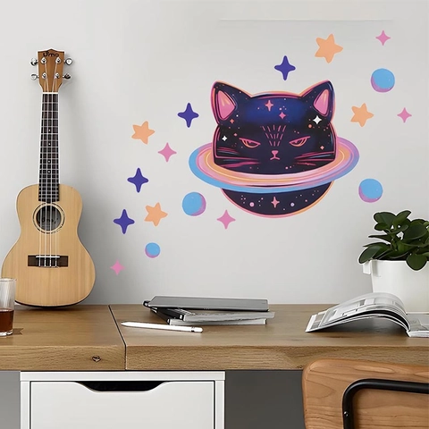 Adesivo da Parete Gatto Pianeta e Stelle in PVC Removibile Cartone Animato Galassia DIY Decalcomania Arte per Camera Letto Soggiorno