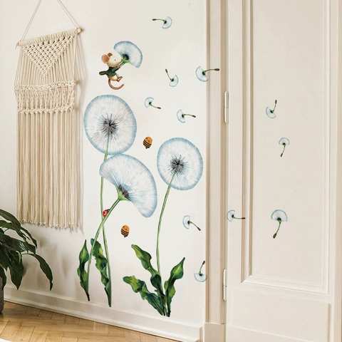 Blauwe Paardenbloem Muursticker Cartoon Muis Bij Lieveheersbeestje Verwijderbaar Waterdicht PVC Muurstickers Woonkamer Slaapkamer